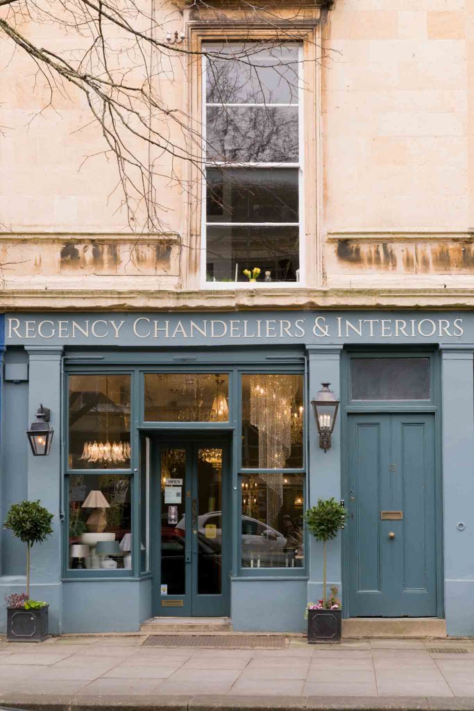 exterior photo of Cheltenham's Regency Chandeliers & Interiors shopfront